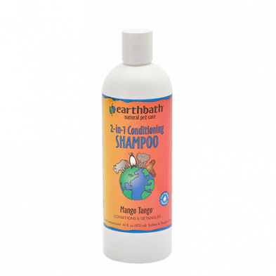 A white bottle of Earthbath 2-in-1 Conditioning Shampoo for pets, Mango Tango scent, with an orange and yellow label featuring cartoon animals and text indicating it conditions and detangles.