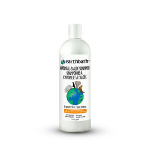 A white bottle of Earthbath Oatmeal & Aloe Shampoo with green and brown label. The label features a cartoon dog and cat on top of a globe and says “Fragrance Free” in English and French.