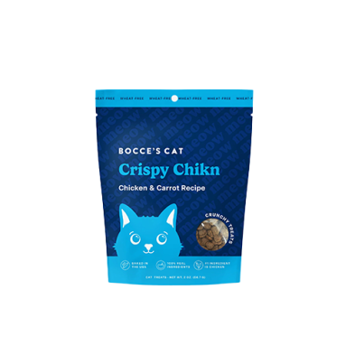 Blue package of Bocce's Cat Crispy Chikn treats. The bag features a cat illustration and is labeled as chicken and carrot recipe, wheat-free, and crunchy. It weighs 2 oz (56.7g).