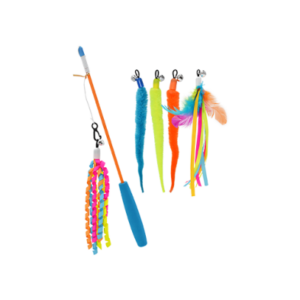 A cat toy set with an orange wand, blue handle, and five colorful interchangeable attachments, including plush worms, ribbons, feathers, and bells, all designed for interactive play.