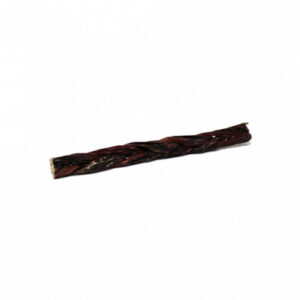 A single braided bully stick dog chew, dark brown in color, lying horizontally on a white background.