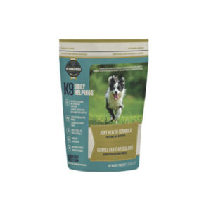 A bag of K9 Daily Helpings Joint Health Formula dog food, featuring an image of a running black and white dog in a grassy field on the front of the package.
