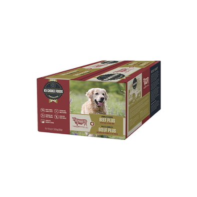 A box of pet food labeled “Beef Plus” with an image of a golden retriever dog on the front. The packaging is primarily brown and green with product details and icons visible.