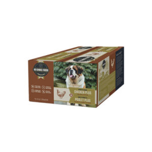 A brown and green box of Ken Choice Foods Chicken Plus dog food featuring a photo of a St. Bernard dog and a chicken illustration on the packaging.