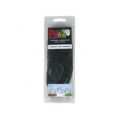 Package of twelve black, disposable, reusable Protex PawZ dog boots in size small.