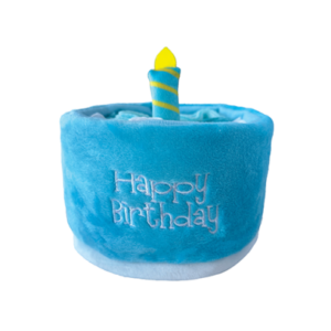 "Blue plush birthday cake dog toy with embroidered 'Happy Birthday' text."