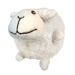 A round, fluffy, white plush sheep toy with small ears, a stitched smiling mouth, and tiny legs, shown on a white background.