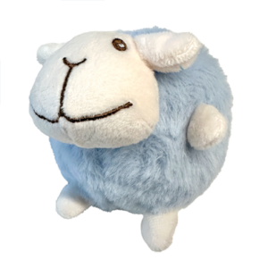 A round, plush toy sheep with a fluffy light blue body, white face, ears, and legs, and stitched black lines for the mouth and nose, set against a white background.