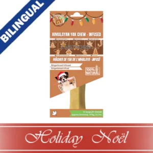 Bilingual packaging for a gingerbread-infused Himalayan yak chew dog treat. Features festive lights, a dog image, and “Holiday Noël” text on red. The package highlights “100% natural” and “X-Large” size.