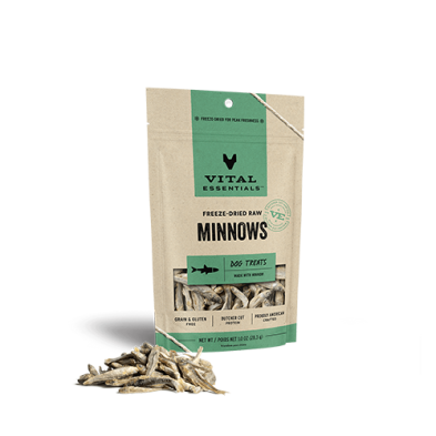 A beige and green Vital Essentials Freeze Dried Minnows Dog Treat 1 oz bag stands with small freeze-dried minnows visible inside and some scattered in front of the bag.