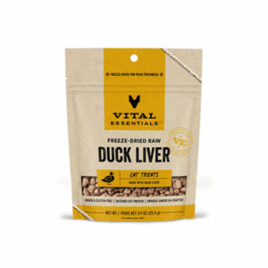 A beige and yellow pouch of Vital Essentials Freeze-Dried Raw Duck Liver Cat Treats, featuring product details, a clear window showing the treats, and a resealable top.
