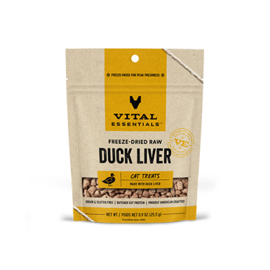 A beige and yellow pouch of Vital Essentials Freeze-Dried Raw Duck Liver Cat Treats, featuring product details, a clear window showing the treats, and a resealable top.