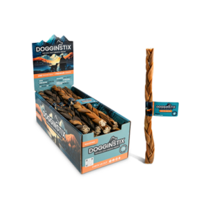 Display box of "Doggin Stix" braided dog chews, with one chew stick standing upright beside it. The packaging features mountain graphics and text highlighting benefits for dogs. The chew is brown and twisted.