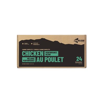 Cardboard box of Iron Will Raw Chicken Performance Blend for dogs, containing 24 individual portions.