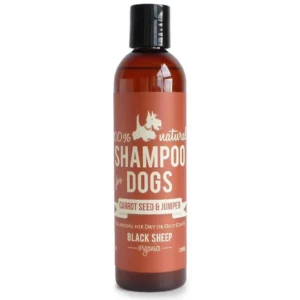 A brown bottle labeled "100% natural Shampoo for Dogs, Carrot Seed & Juniper, Black Sheep Organics," with a black cap and white text, designed for balancing dry or oily coats.