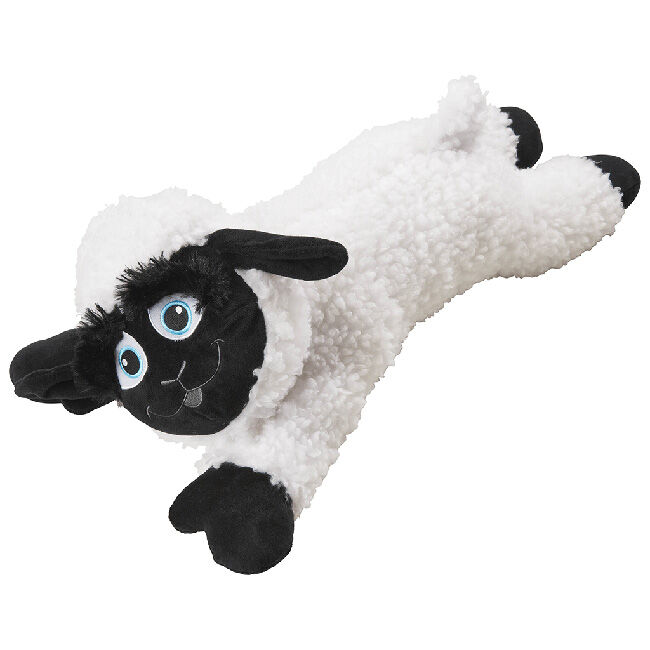 A plush sheep toy with a black face and ears, big blue eyes, and a smiling expression. The body is white and fleecy, with black feet. The toy is in a playful, stretched-out position.