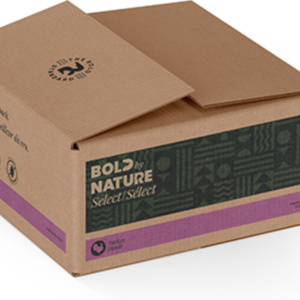 A partially open "Bold By Nature Select Turkey 12 lbs" cardboard box with a purple stripe shows empty space inside, featuring abstract patterns and symbols.