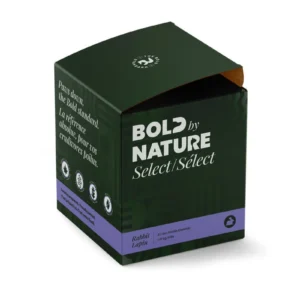 A green and black box labeled "BOLD by NATURE Select/Sélect" with text in English and French. The box is for rabbit pet food and features several certification icons on the front.