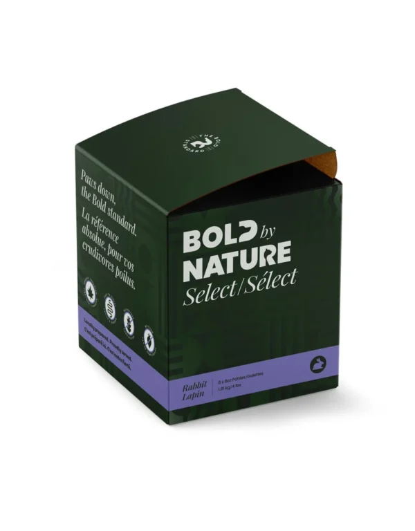 A green and black box labeled "BOLD by NATURE Select/Sélect" with text in English and French. The box is for rabbit pet food and features several certification icons on the front.