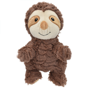 The Wrinkleez Sloth 9" Plush Dog Toy is a fluffy, light brown sloth with a beige face, embroidered eyes, and a small smile. Its long limbs give it a cute and cuddly appearance while standing upright.