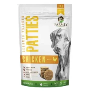 A white and yellow bag of Farmly Deboned Chicken Patties for dogs, featuring a photo of a gray dog, images of round patties, and icons showing that it contains chicken, apples, and sweet potatoes. The bag is 3 lbs.