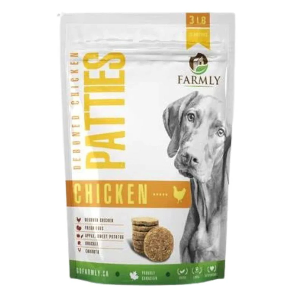 A white and yellow bag of Farmly Deboned Chicken Patties for dogs, featuring a photo of a gray dog, images of round patties, and icons showing that it contains chicken, apples, and sweet potatoes. The bag is 3 lbs.