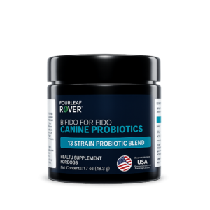 A black 1.7 oz jar of “Four Leaf Rover BIFIDO FOR FIDO Probiotic” (48.3 g) features a 13-strain probiotic blend for dogs, with blue and white text on the label. This USA-recommended health supplement supports canine wellness.