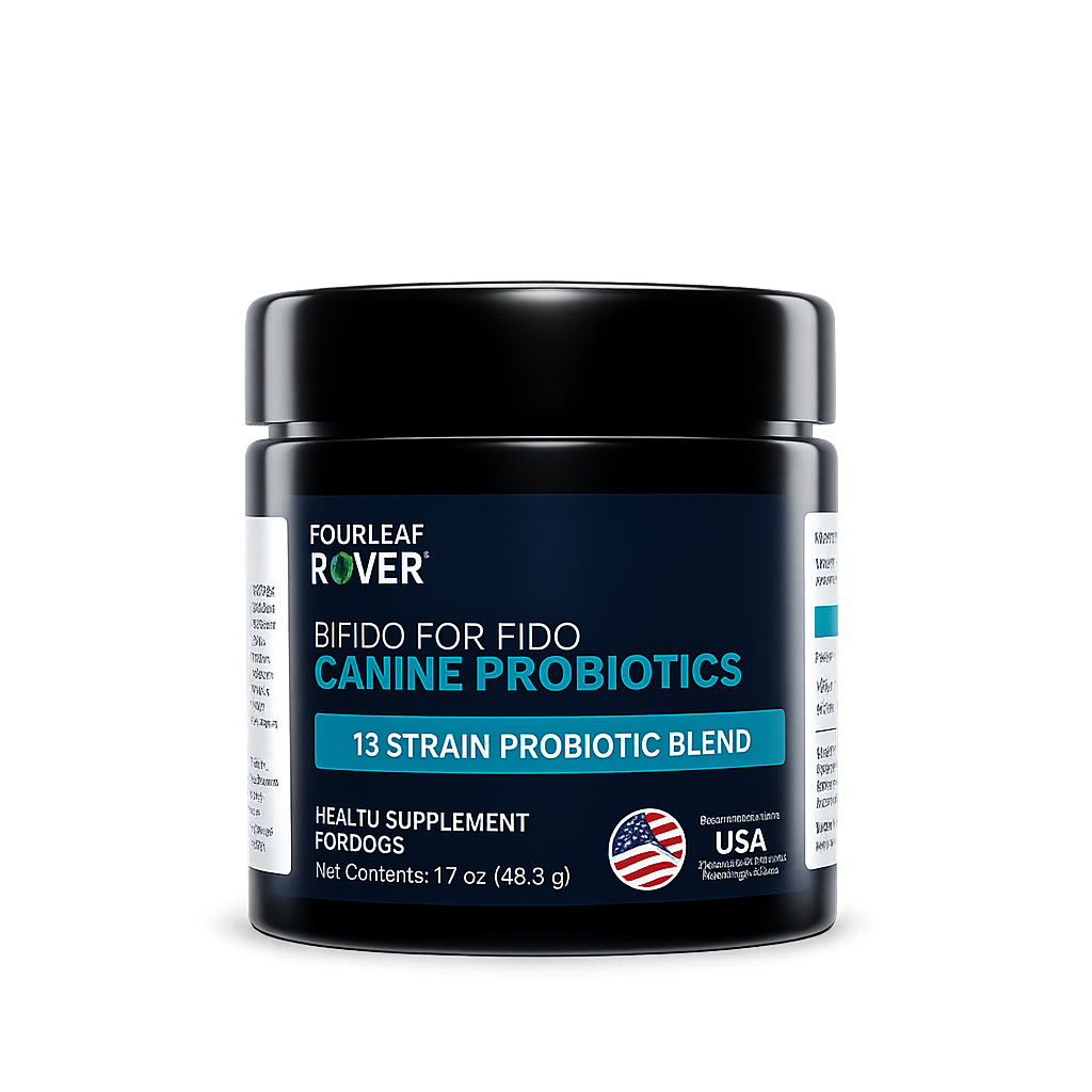A black 1.7 oz jar of “Four Leaf Rover BIFIDO FOR FIDO Probiotic” (48.3 g) features a 13-strain probiotic blend for dogs, with blue and white text on the label. This USA-recommended health supplement supports canine wellness.