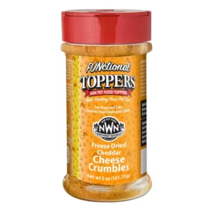 A clear plastic jar with a red lid containing NWN Functional Toppers Freeze Dried Cheddar Cheese Crumbles, a raw pet food topping for dogs and cats. The label is orange with white and yellow text. Net weight is 5 oz.