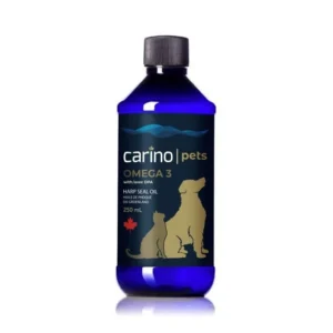 A blue bottle of Carino Pets Omega 3 Harp Seal Oil for dogs and cats. The label features silhouettes of a cat and a dog, with text indicating it contains EPA and DHA, and has a volume of 250 mL. A red maple leaf is also present on the label.