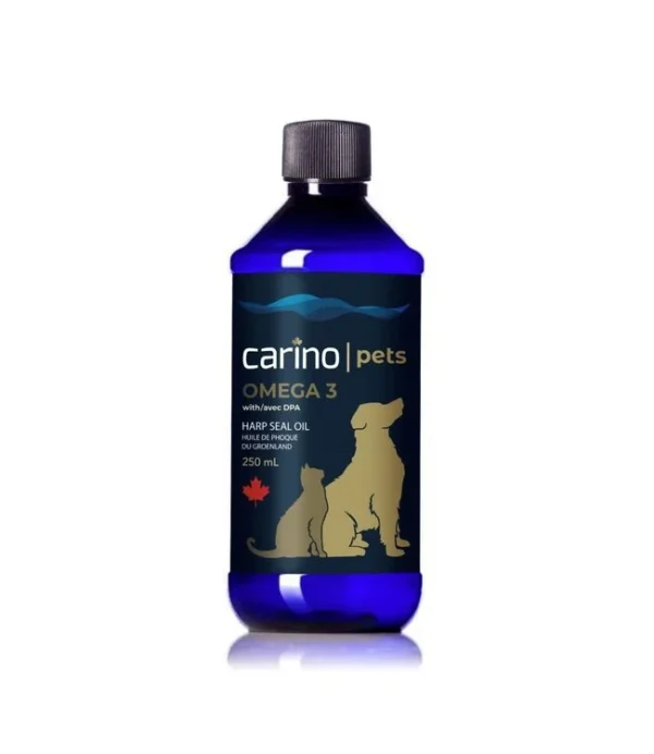 A blue bottle of Carino Pets Omega 3 Harp Seal Oil for dogs and cats. The label features silhouettes of a cat and a dog, with text indicating it contains EPA and DHA, and has a volume of 250 mL. A red maple leaf is also present on the label.