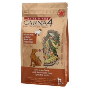 Brown bag of Carna4 dog food with illustrations of a dog and a person holding a bowl. Label includes "Synthetic-Free," "Quick Baked," and "First Ingredients: Lamb, Lamb Liver, Eggs, Sprouted Seeds." Package size is 2 lbs.