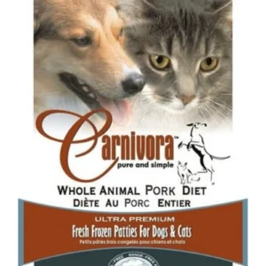 Carnivora Whole Animal Pork Diet pet food package, featuring photos of a dog and a cat, and text stating it contains ultra premium fresh frozen patties for dogs and cats.