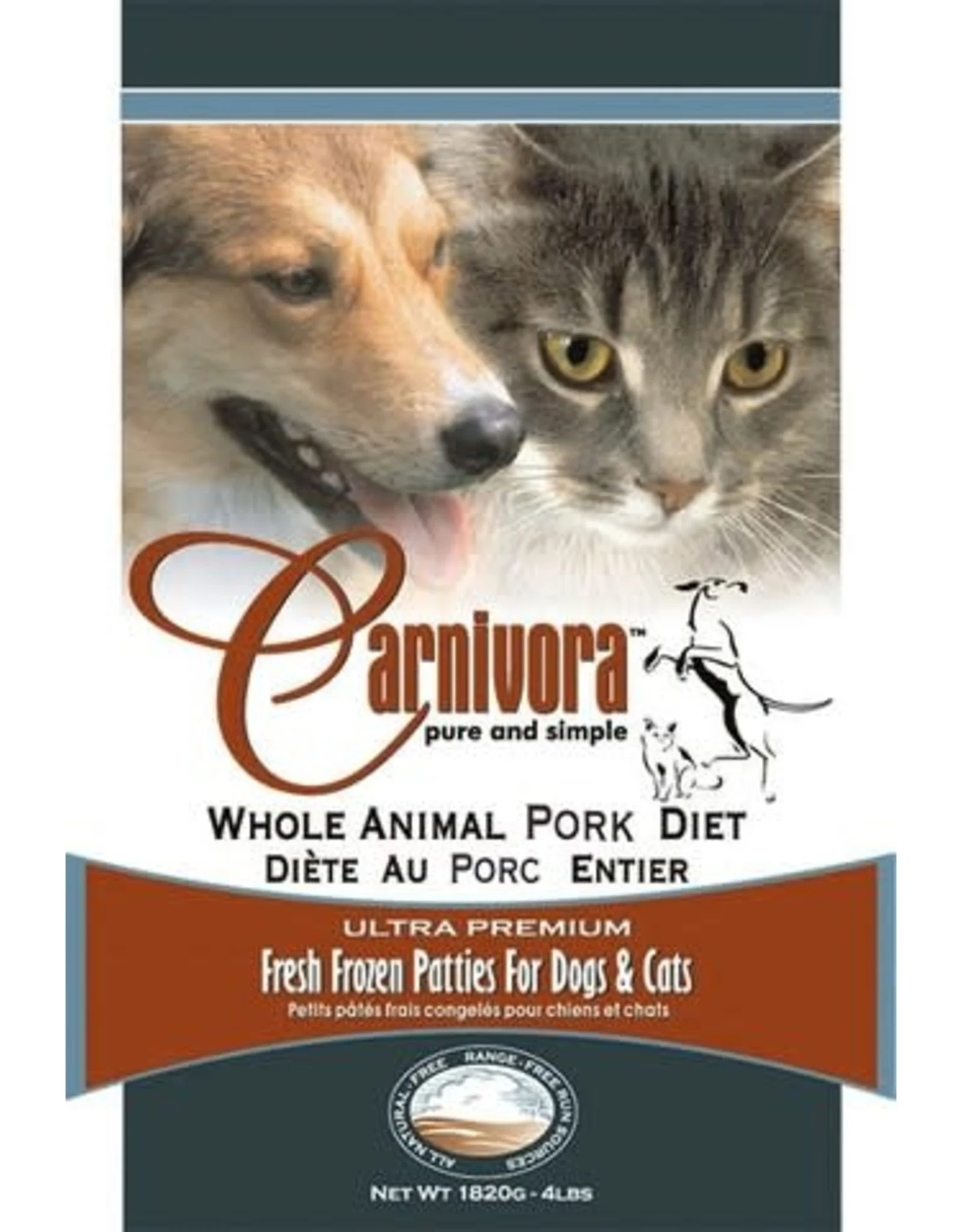 Carnivora Whole Animal Pork Diet pet food package, featuring photos of a dog and a cat, and text stating it contains ultra premium fresh frozen patties for dogs and cats.