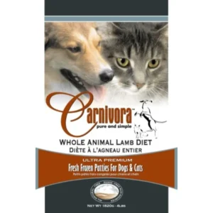 Packaging image of Carnivora Whole Animal Lamb Diet for pets. The label features a dog and a cat, with text indicating it contains raw, fresh-frozen patties. Weight listed as 4 pounds (1820g). Product is labeled as ultra premium.