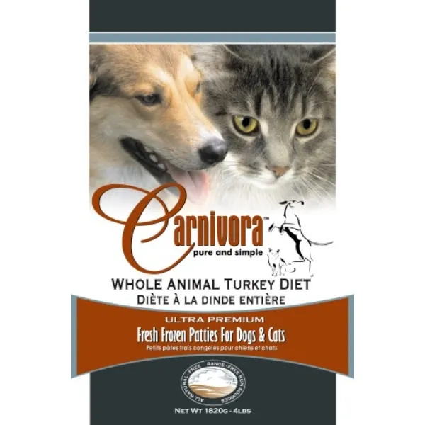 Carnivora Whole Animal Turkey Diet pet food packaging featuring a dog and a cat, with text indicating it is ultra-premium, fresh frozen patties for dogs and cats. The package is 4 lbs (1820g).
