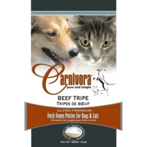 Carnivora pet food packaging featuring a dog and a cat, with text indicating "Beef Tripe," "Ultra Premium," and "Fresh Frozen Patties For Dogs & Cats." The net weight is 1820g (4 lbs).