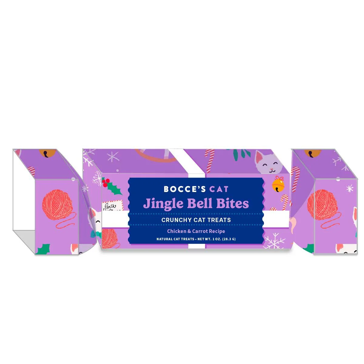 A decorative box for Bocce's Cat Jingle Bell Bites, featuring colorful illustrations of yarn balls, cats, and snowflakes on a purple background. The box contains crunchy cat treats with a chicken and carrot recipe.