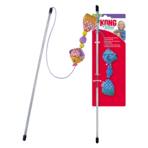 A cat toy with a silver wand, purple string, and colorful fish-shaped fabric attached, shown next to its red and purple KONG-branded packaging.