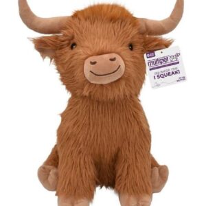 A plush toy resembling a brown Highland cow with long fur and large curved horns. It has a smiling face and a tag that reads "multipet" hanging from one ear.