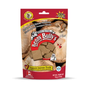 A red packaging of Benny Bully's Plus treats featuring beef liver and shiitake mushroom ingredients. The front displays the product name, images of mushrooms, and text about supporting immune health. Made in Canada. Net weight: 53g (1.9 oz).