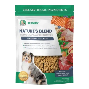 Bag of Dr. Marty Nature’s Blend dog food featuring an Australian Shepherd and images of raw meat, fish, and produce.