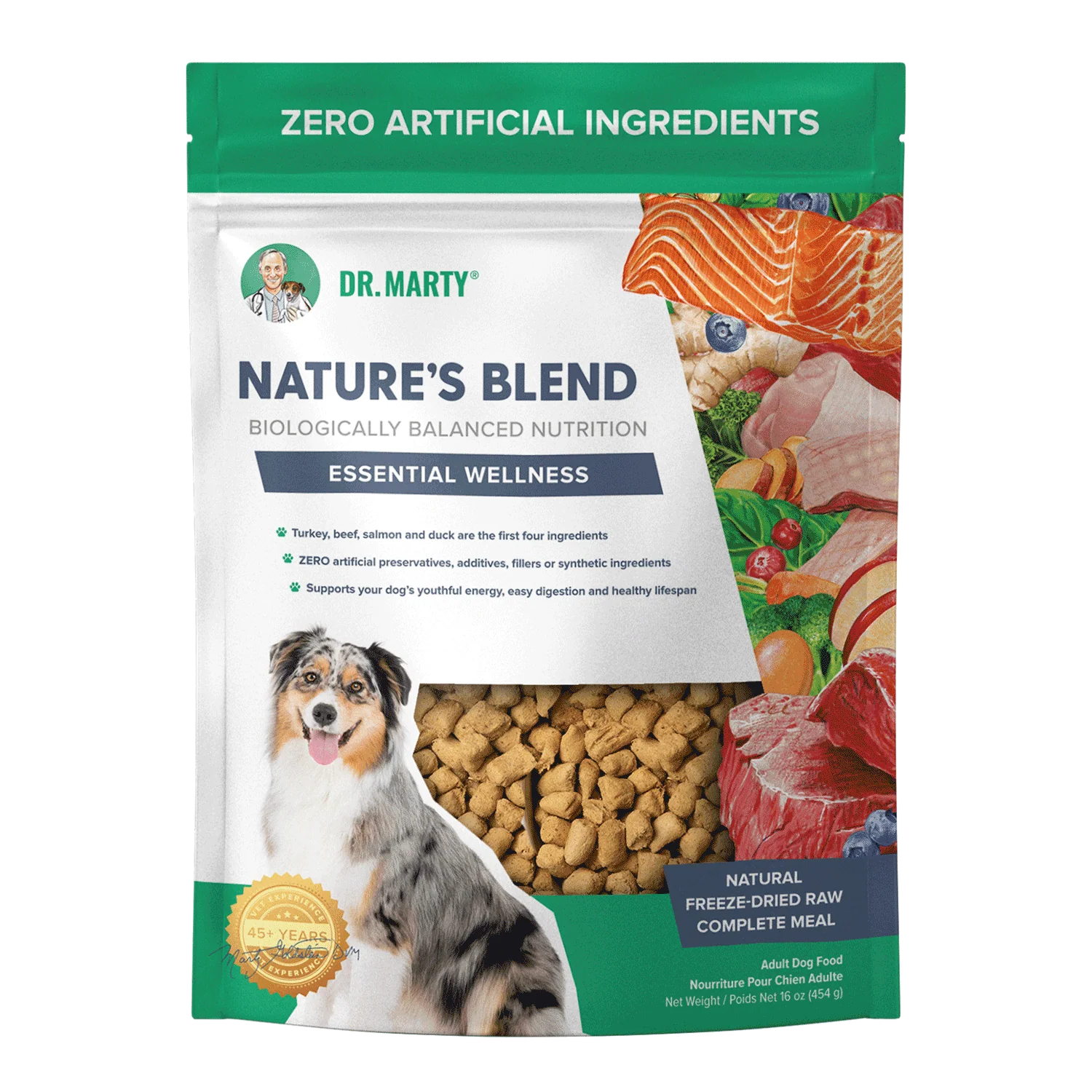 Bag of Dr. Marty Nature’s Blend dog food featuring an Australian Shepherd and images of raw meat, fish, and produce.
