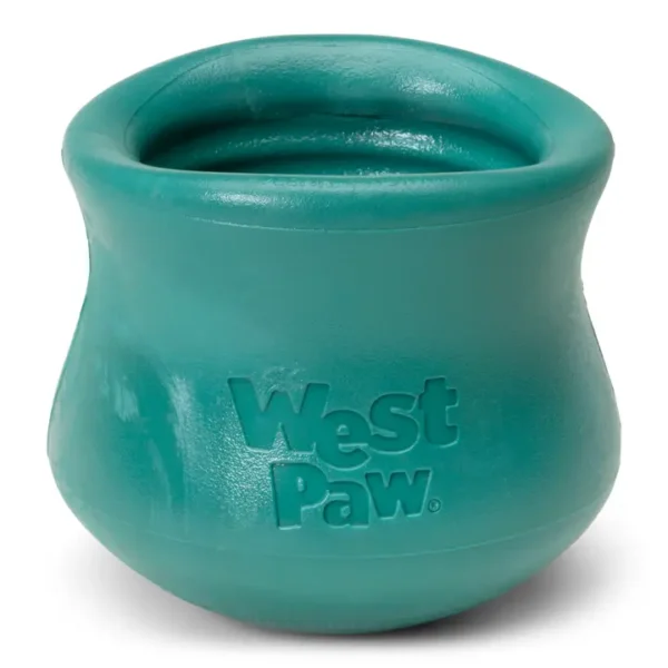 A teal, bone-shaped dog toy made by West Paw, featuring a wide opening at the top and a sturdy, textured surface.