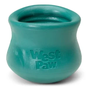 A teal-colored, rubber dog toy with a wide opening at the top. The words "West Paw" are embossed on the front. The toy has a round, tapered shape suitable for holding treats.