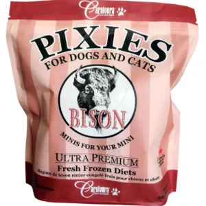 A pink and white bag labeled “Pixies for Dogs and Cats” featuring a bison illustration. The product is bison minis for pets, labeled ultra premium and fresh frozen diets by Carnivora.