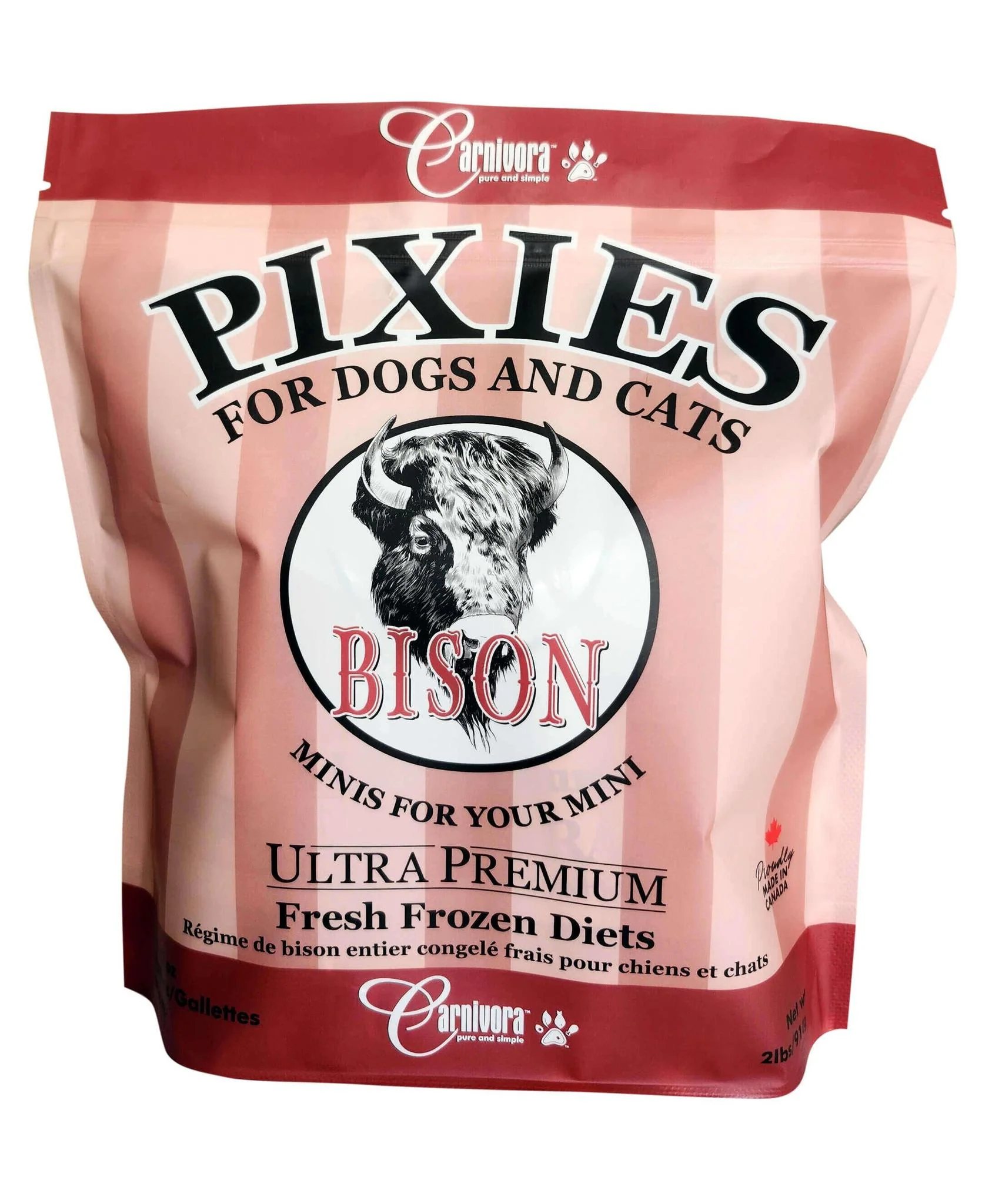 A pink and white bag labeled “Pixies for Dogs and Cats” featuring a bison illustration. The product is bison minis for pets, labeled ultra premium and fresh frozen diets by Carnivora.