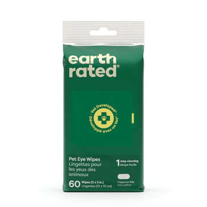 A green package of Earth Rated Pet Eye Wipes, featuring bilingual English and French text, containing 60 wipes. The packaging highlights easy cleaning and that the wipes are fragrance-free.