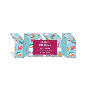 Packaging for Bocce's Elf Bites dog treats. The teal box features festive illustrations of elves, candy canes, and presents. The label reads "Soft & Chewy Cream Cheese, Blueberry & Vanilla Recipe." Net weight is 2 oz (56.7 g).