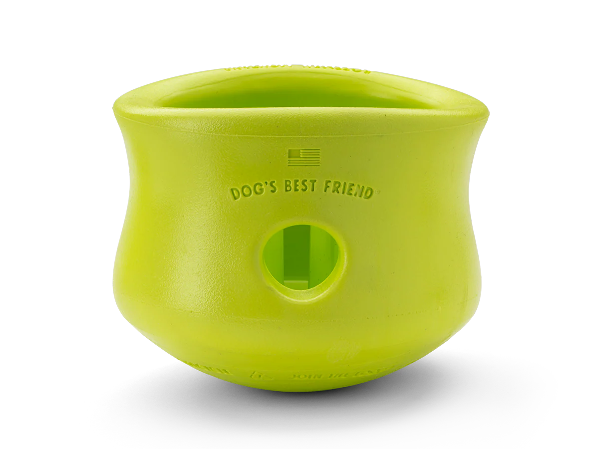 A bright green, rubber dog toy with a wide opening at the top and a smaller round hole in the center. The words "DOG'S BEST FRIEND" are embossed above the hole. The surface appears durable and chew-resistant.